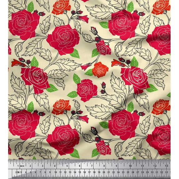 Soimoi Cotton Cambric Fabric Leaves & Rose Floral Printed Craft Fabric by The Yard 42 Inch Wide