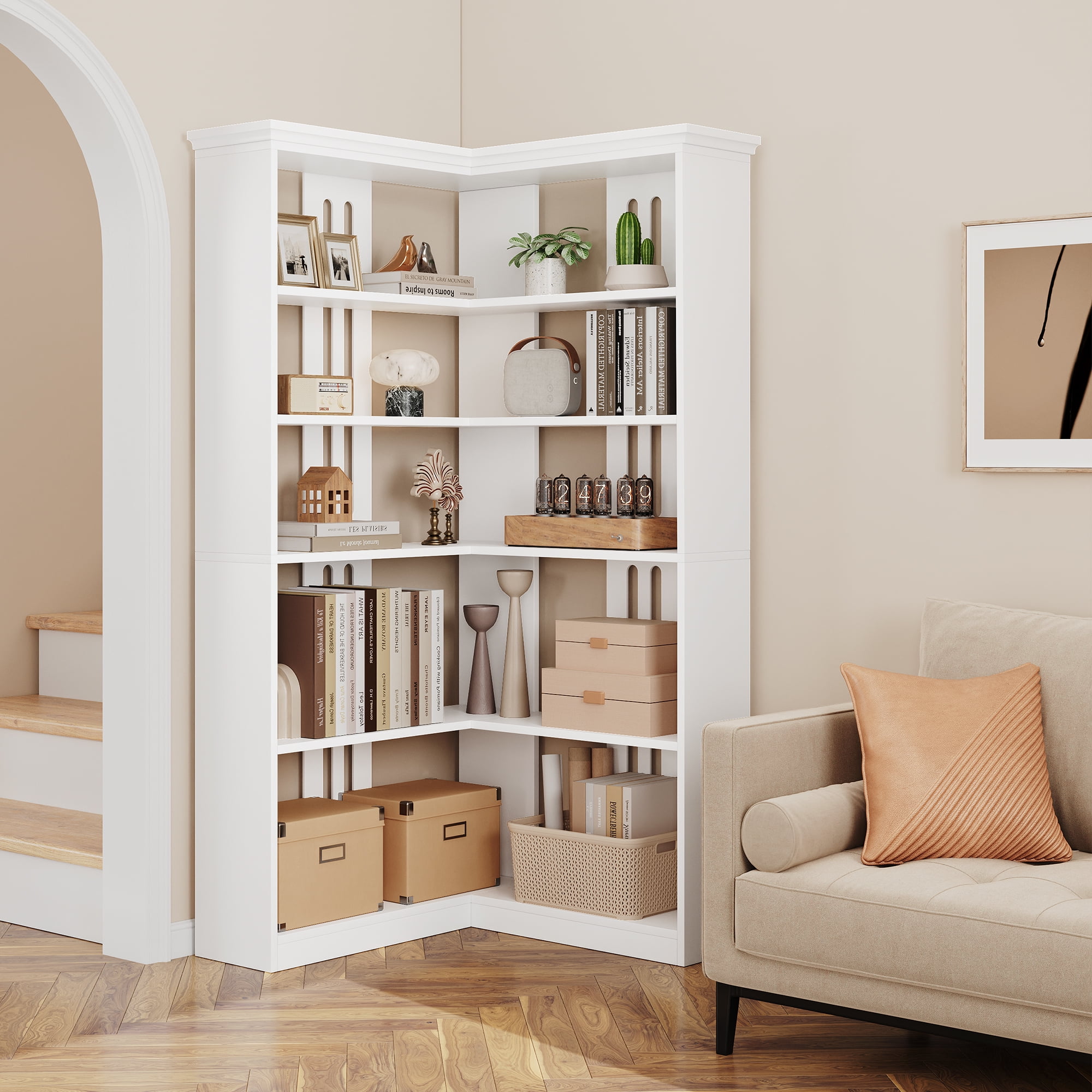 Riedhoff 72.8" Large Wood Bookcase, 5 Tier Corner Shelf, L Shaped, White