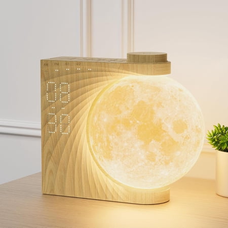 Rotatable Moonlight Sunrise Clock,Sound Machines, Night Lamp for Bedrooms with Snooze, 10 Light Effects, 30/60/90 Timer, 10 Sleep Nature Sounds,15 Ringtones,12 Volume(Light Woodgrain)