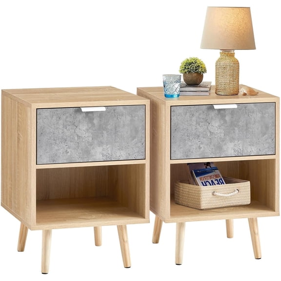 CLIPOP Modern Nightstand Set of 2, Natural Wood Bedside Table with Grey Drawer and Open Storage, Minimalist End Table with Solid Wood Legs for Bedroom