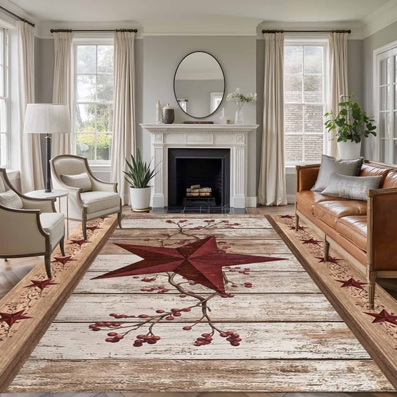 Rectangle Area Rugs 8 x 10 Ft, Red Texas Star Vintage Non-Slip Residential Carpet, Farmhouse Berry Brown Wooden Indoor Crawling Mats Runner Rugs for Living Room/Dining Room/Bedroom