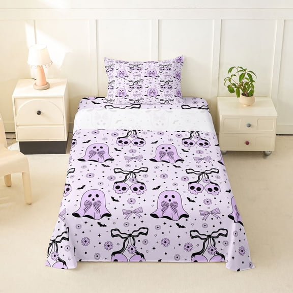 Homewish Purple Bow Ghost Print Twin Sheets for Kids, Skull Daisy Bat Flower Bedding, 3 Pieces, 1 Flat Sheet, 1 Fitted Sheet and 1 Pillowcase