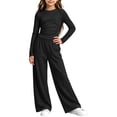 thumbnail image 3 of OGLCCG Girls 2 Piece Outfit Set, Ruched Long‑Sleeve Crop Top and Elastic Waist Wide Leg Pants Casual Tracksuit for Girls(Black,5-6 Years), 3 of 6