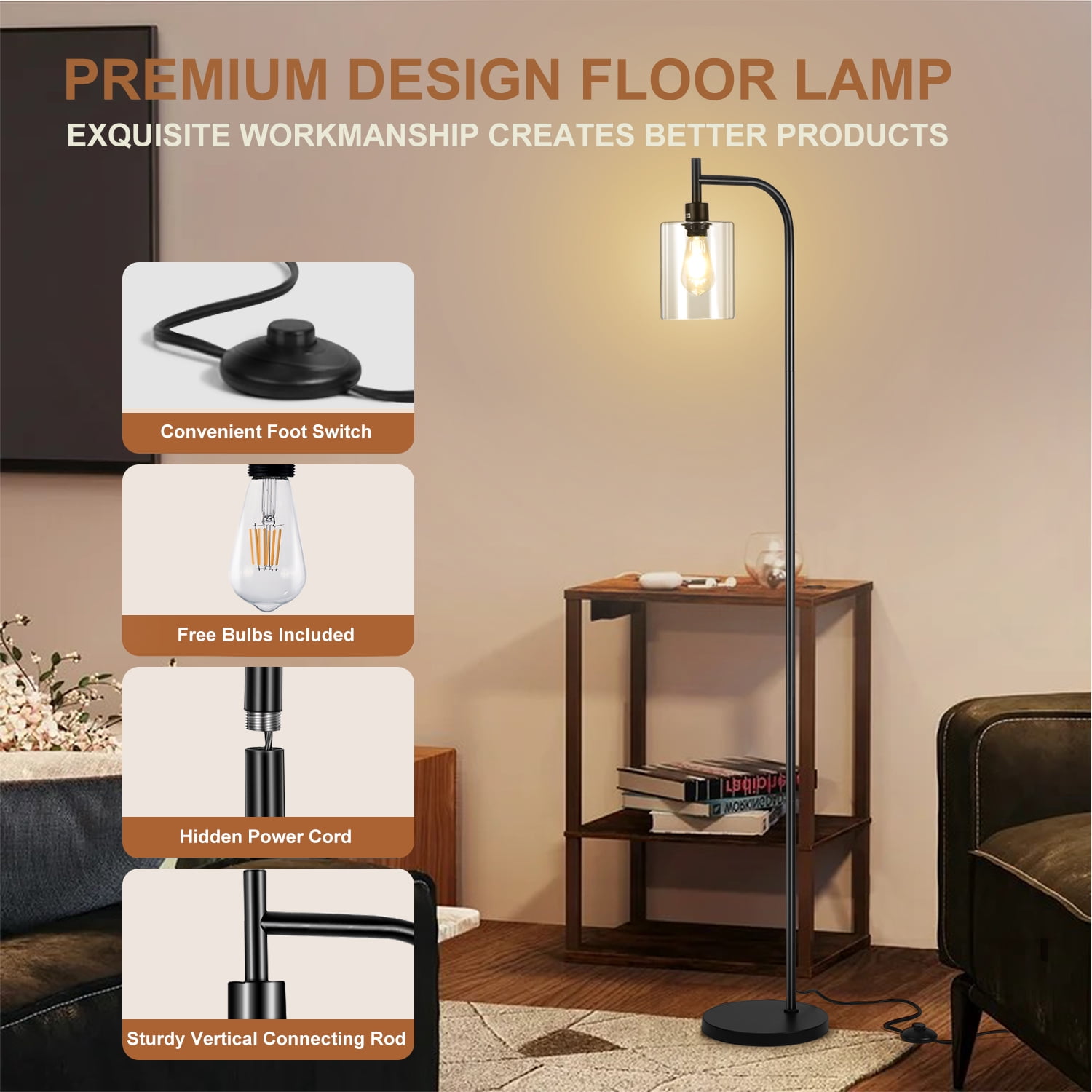 Coliware Arc Floor Lamp with Acrylic Lampshade, Modern Tall Standing Lamp with Foot Pedal Switch, Farmhouse Industrial Pole Light for Living Room Bedroom Yard, Bright LED Bulb Included