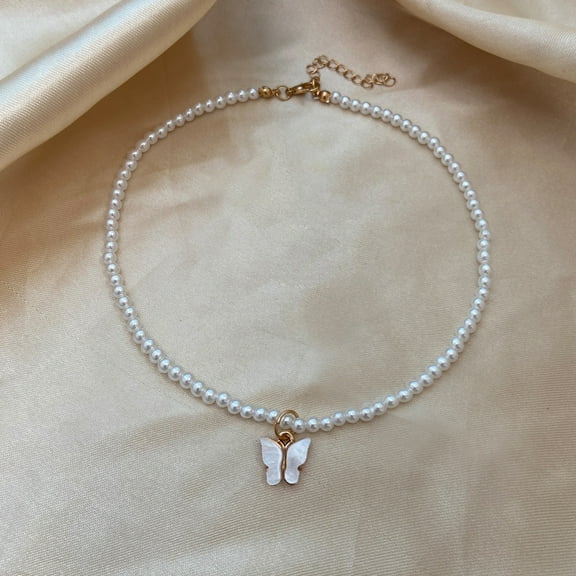 1pc Imitation Pearl Beaded Pendant Necklaces Alloy Jewelry for Women Butterfly 17.72 inch(45cm)