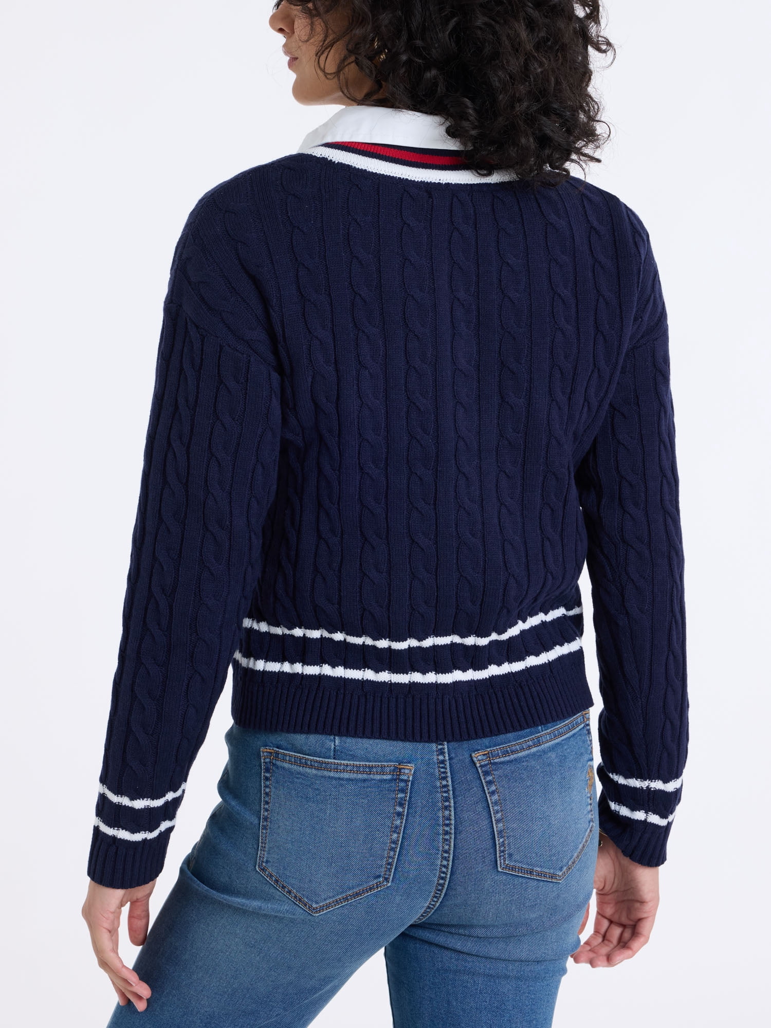 U.S. Polo Assn. Women's Varsity V-Neck Cable Sweater