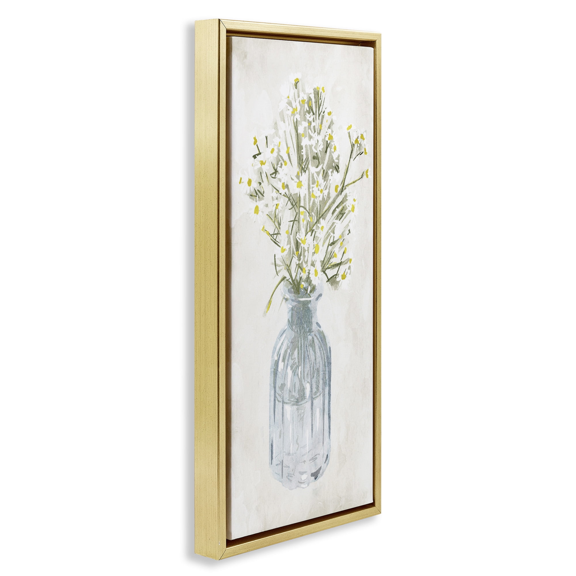 Stupell Industries Quaint White Daisies in Jar Botanical & Floral Painting Gold Floater Framed Canvas Art Print Wall Art, 15 x 31