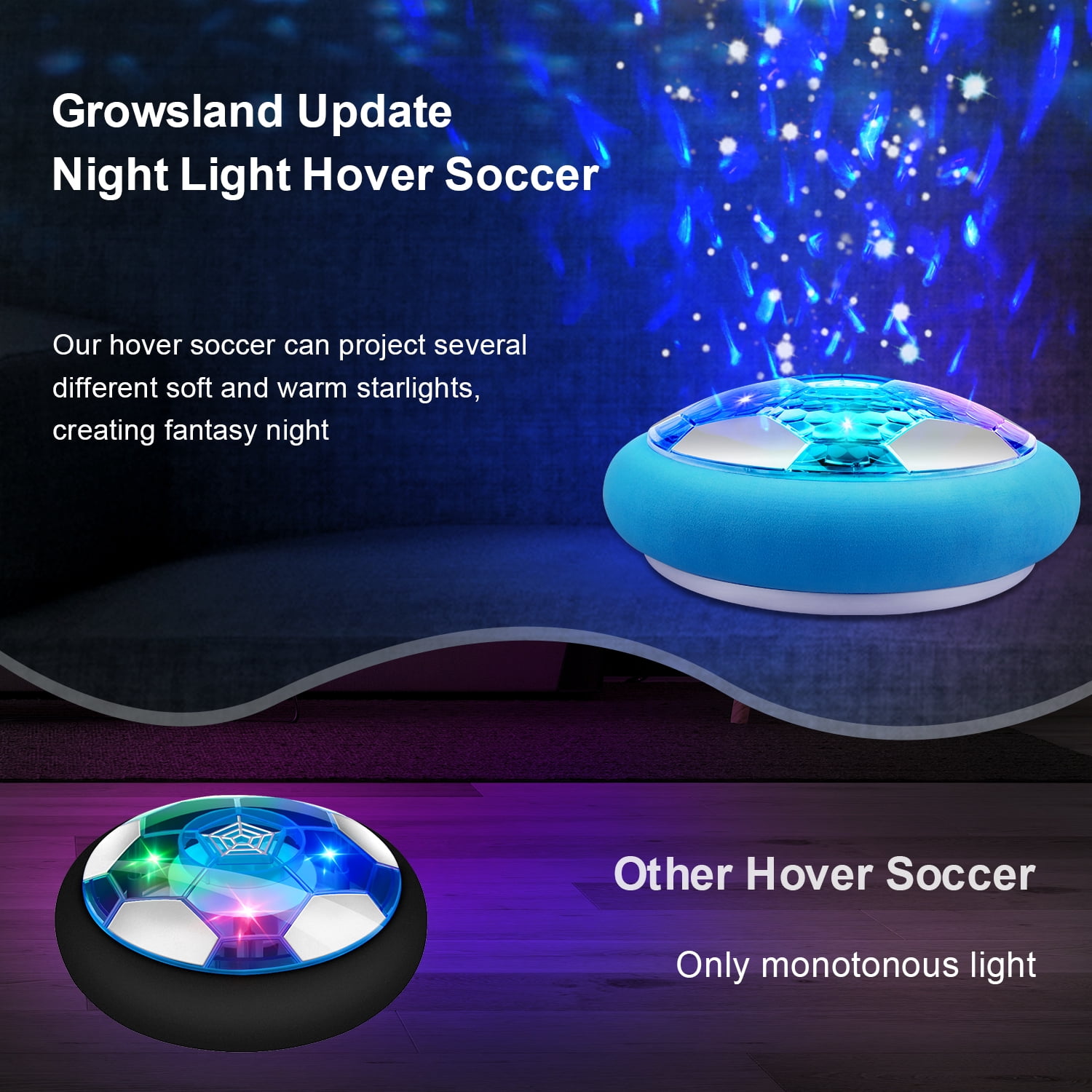 Growsly 2 in 1 Starlight Hover Soccer Ball Set Sport Indoor Toys Projector Rechargeable Air for 3-10 Years Old Kids, Light Blue