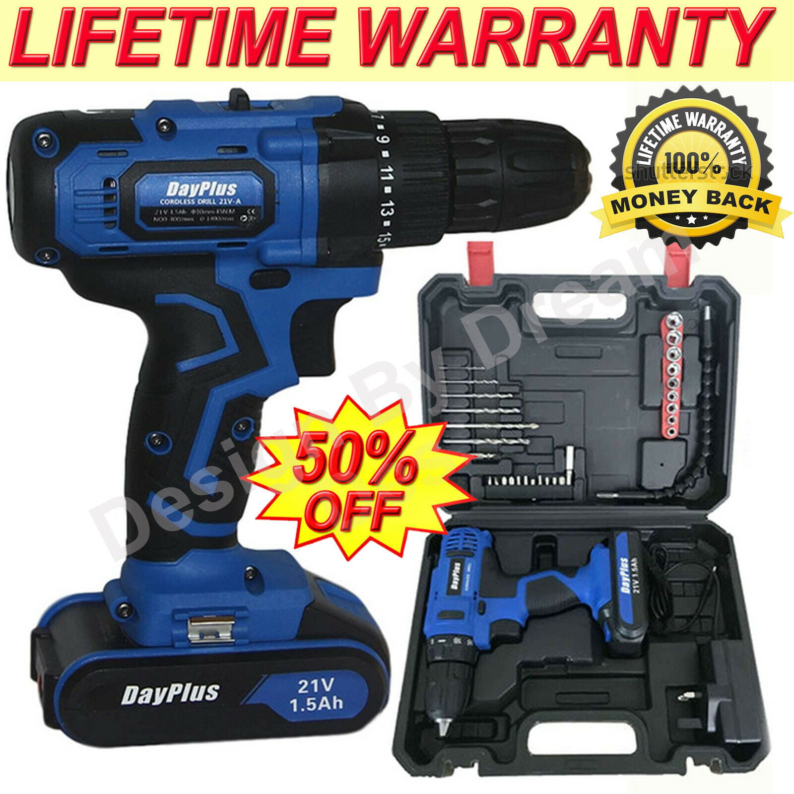Heavy Duty 21V Cordless Combi Drill Screwdriver Dual Speed Li-Ion Fast Charge 