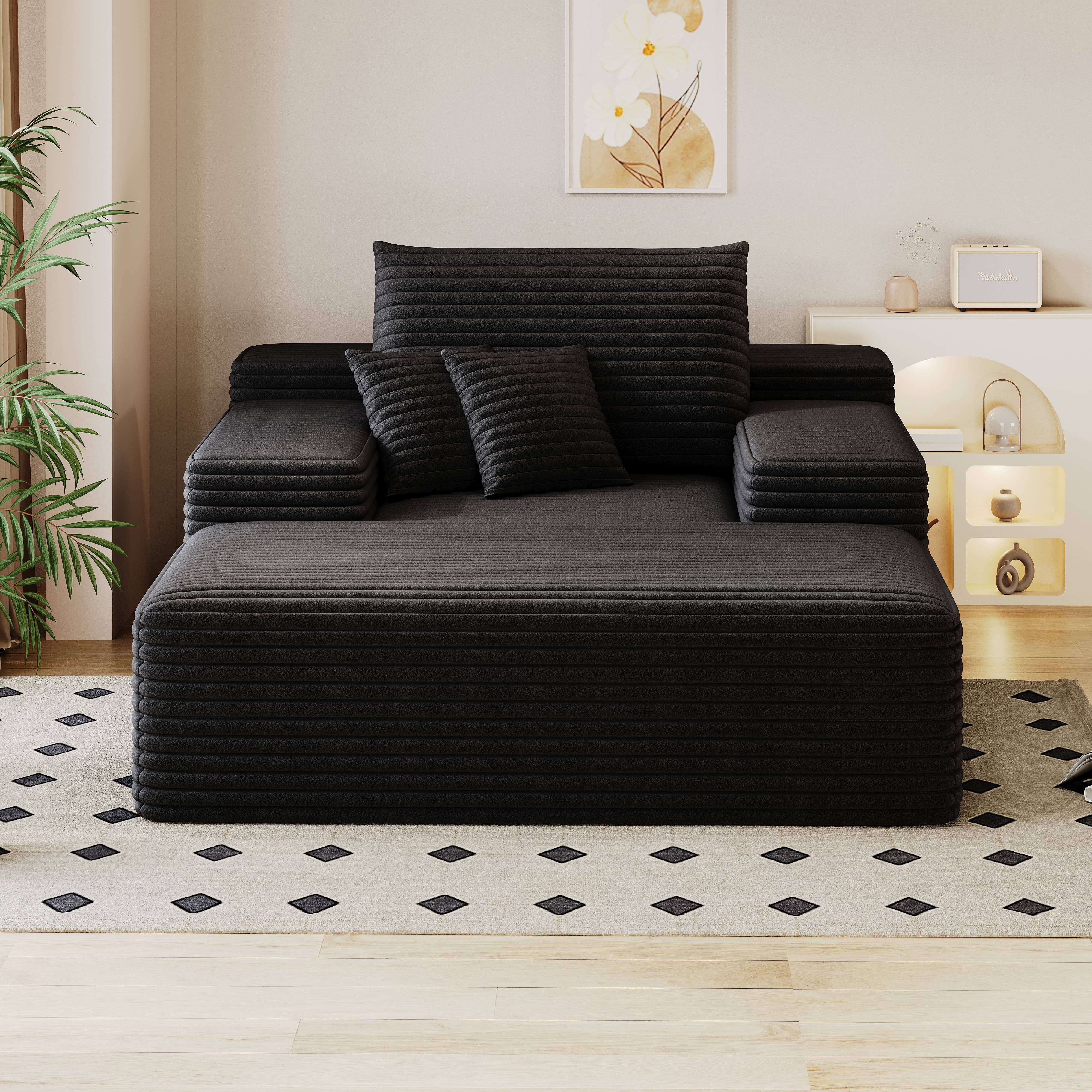 Leumius Oversized Chaise Lounge Chair Indoor Furniture, No Assembly Required, Plush Corduroy Upholstered Sofa Bed Cozy Sleeper Couch for Living Room, Bedroom, Black