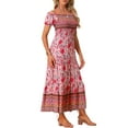 thumbnail image 4 of INSPIRE CHIC Women's Boho Dress Puff Short Sleeves Off-Shoulder Floral Smocked Maxi Sundress XS Pink, 4 of 6