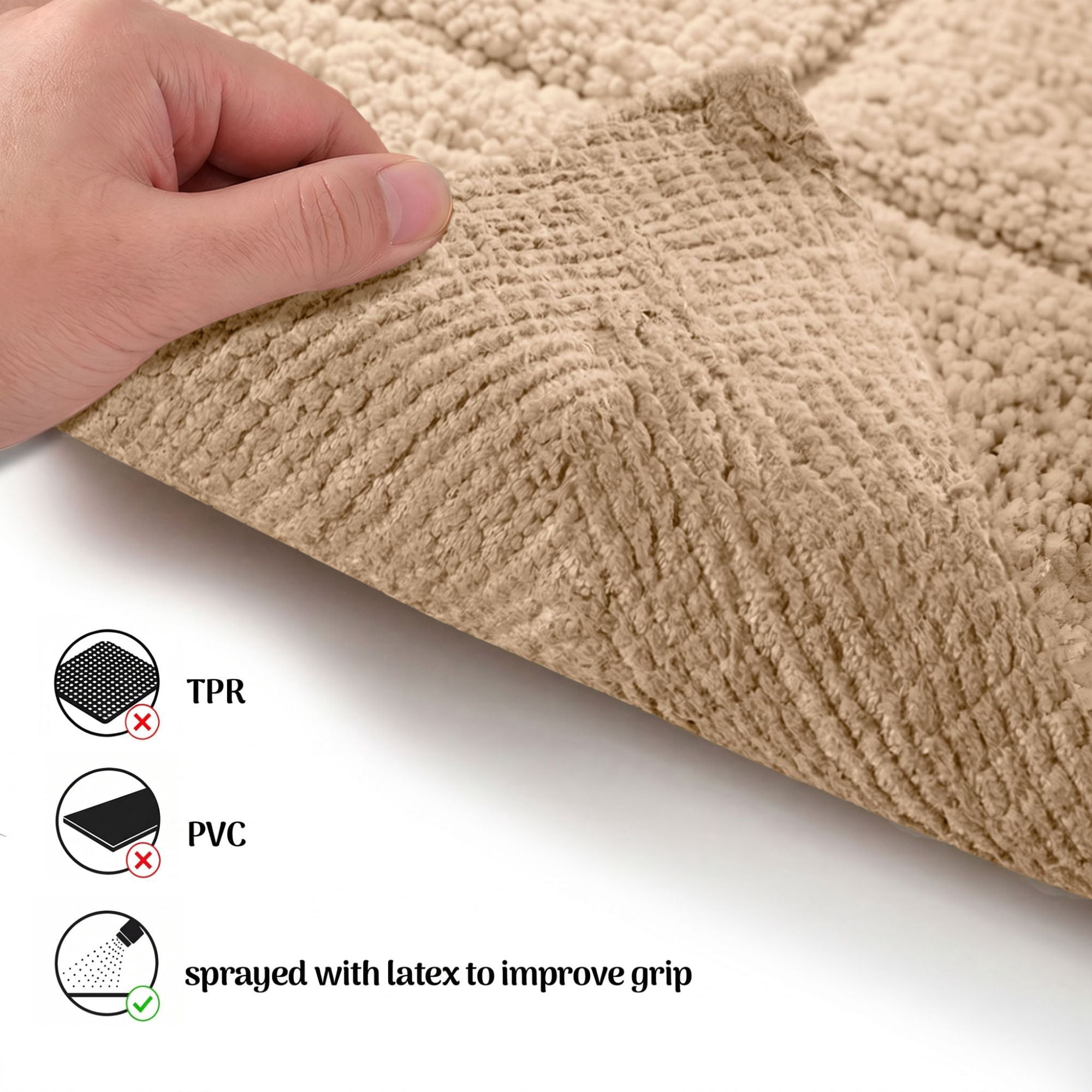 Superior Checkered Non-Slip Cotton 3-Piece Bath Rug Set with Runner, Taupe