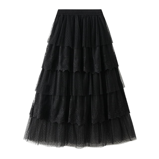 Falda de tul con encaje y cintura alta de largo medio para mujer - Elástica, plisada, evasé, para fiesta/fiestas, talla única (cintura de 60-100 cm)