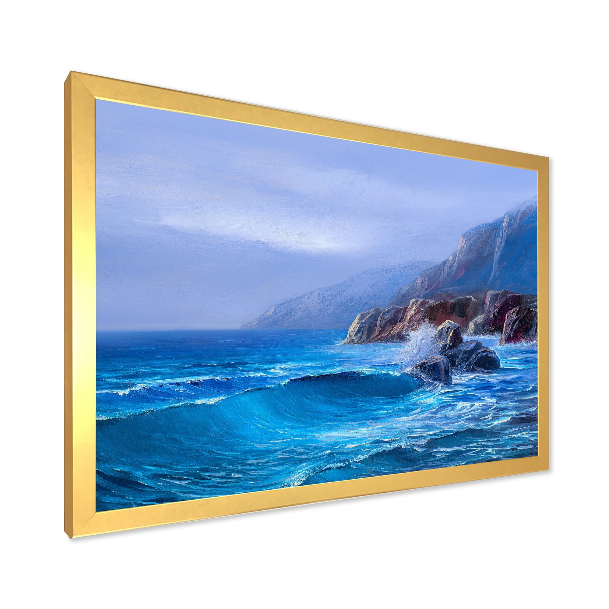 Sunrise Glow On Sea Wave Paints On A Canvas 32 in x 16 in Framed Painting Canvas Art Print, by Designart