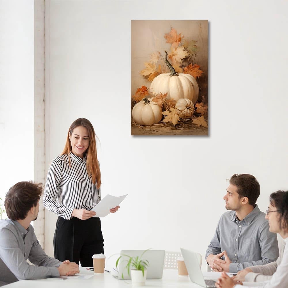 Farmhouse Fall Canvas Wall Art, White Pumpkin Still Life Painting Pictures, Rustic Farm Pumpkin Fall Leaves Posters, Halloween Thanksgiving Autumn Wall Print Decor 12X16in Unframed