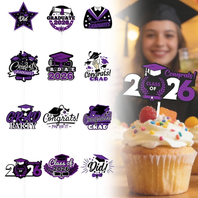 Graduation Cupcake Toppers Glitter Class Of 2026 Congrats Grad Cap Cupcake Picks For Graduation Decorations