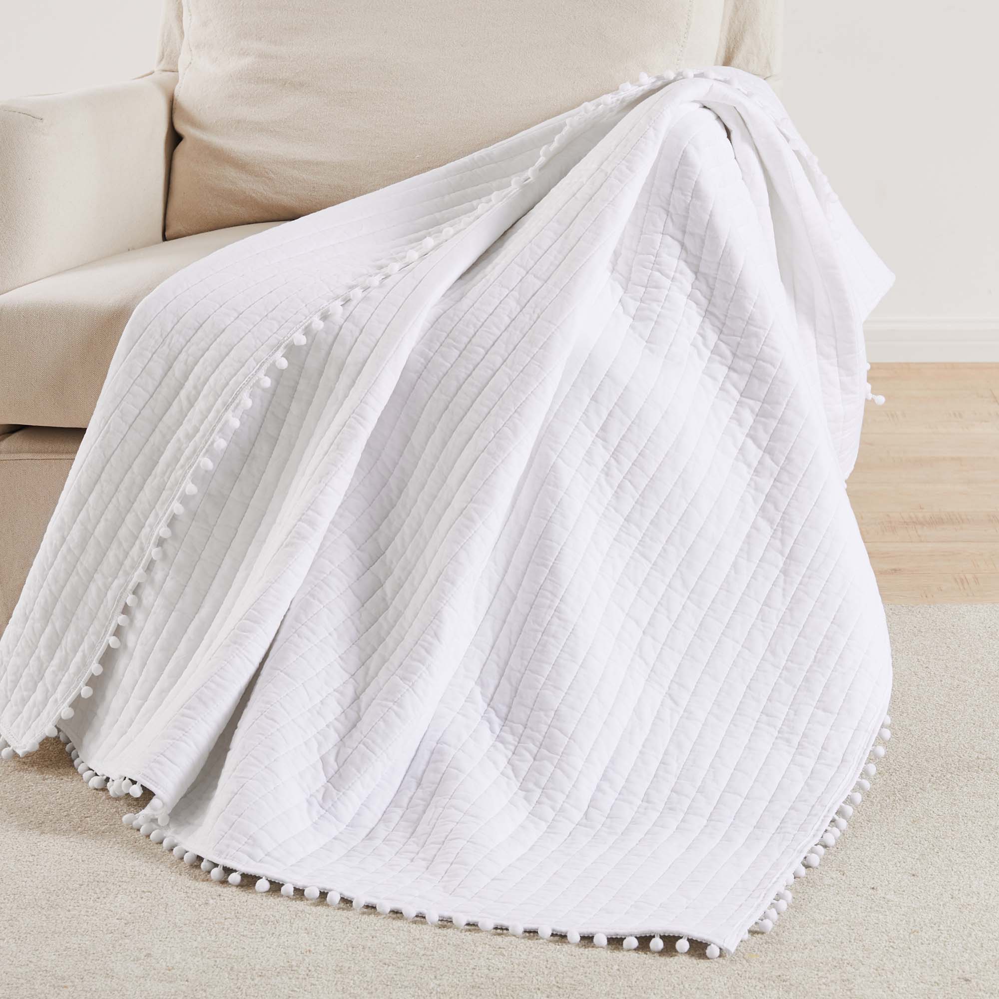 Levtex - White Pom Pom - Quilted Throw - 50x60in. - White with Decorative Pom Pom Edge - Reversible Pattern - Cotton Fabric