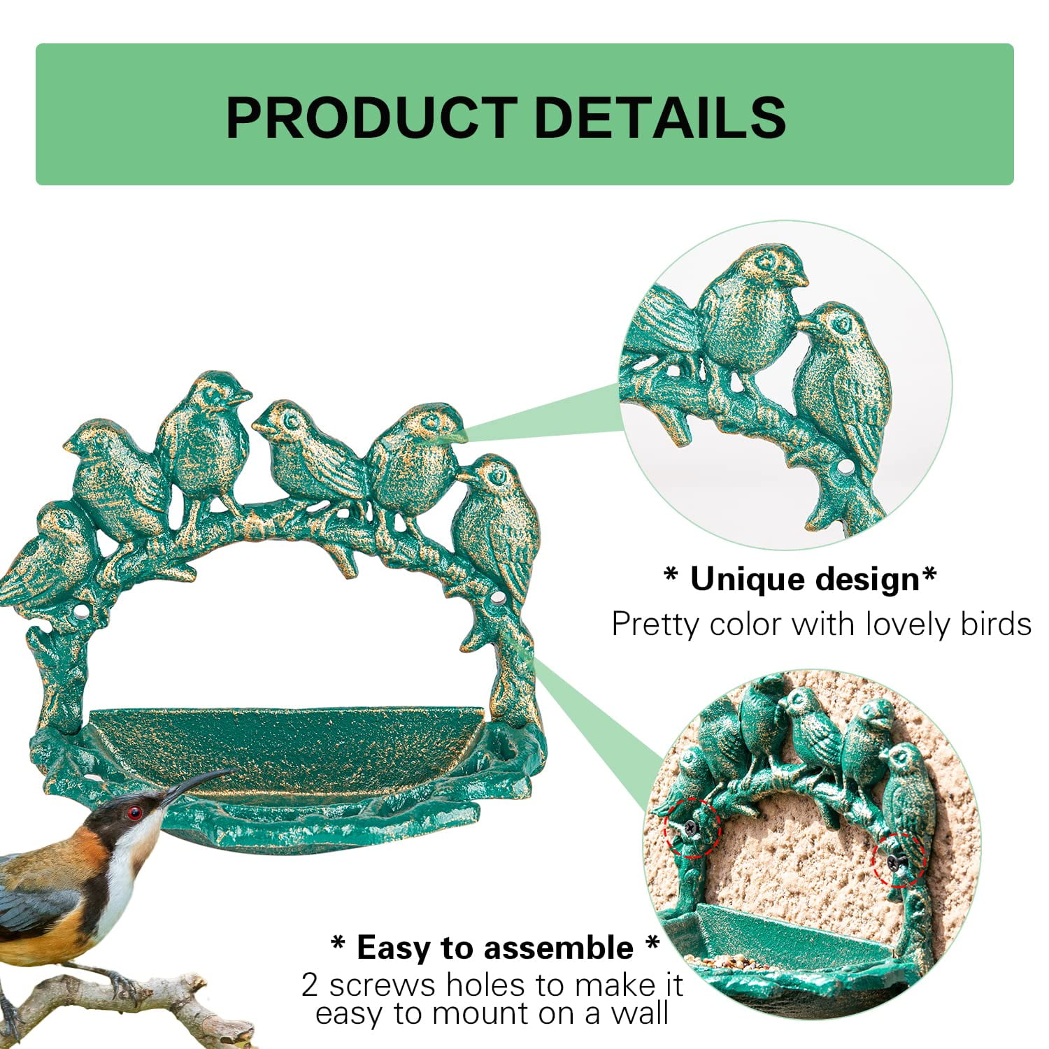 Sungmor Cast Iron Wall Mounted Bird Feeder, Cute Bird Decor Small Water Bath, Wall Hanging Fence Mount Bird Bath Feeder, Beautiful Green Birdfeeder for Garden Backyard Patio Wall Decoration