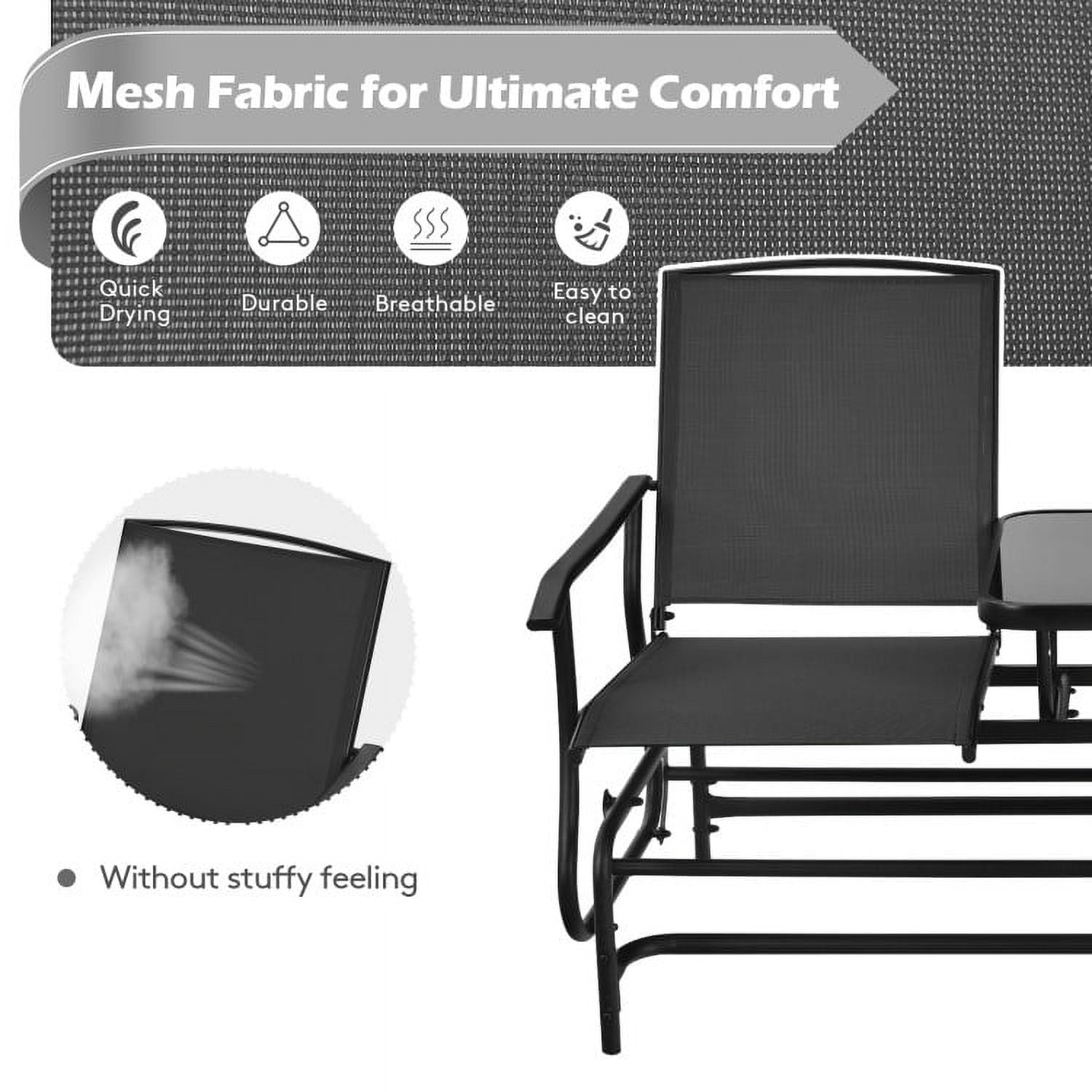 Aimee Lii Outdoor Patio Furniture Set, 2-Person Double Rocking Loveseat with Mesh Fabric and Center Tempered Glass Table, Black