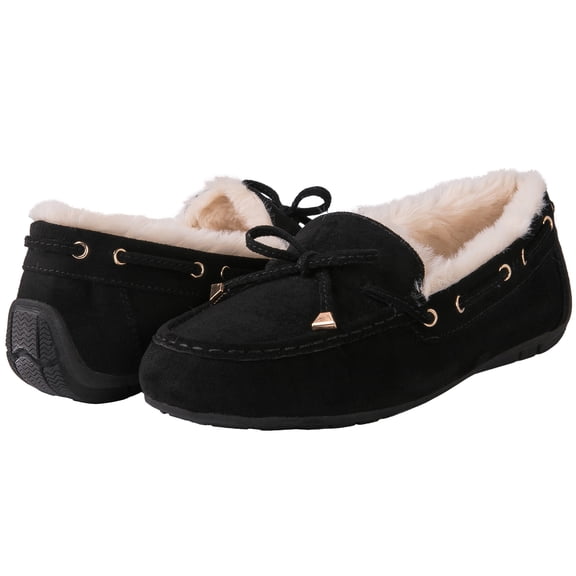 GLOBALWIN Women's Moccasins Shoes Winter Indoor Outdoor Faux Fur Lined Slippers Black 8M