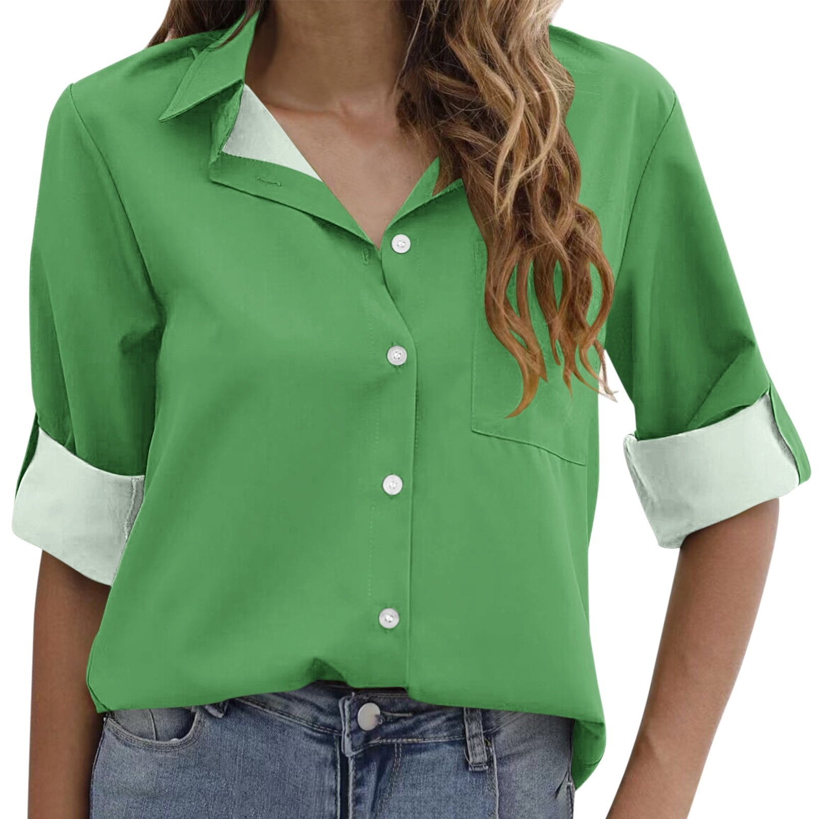 Button Down Shirts For Women Loose V Neck Blouses Casual Roll Up ...