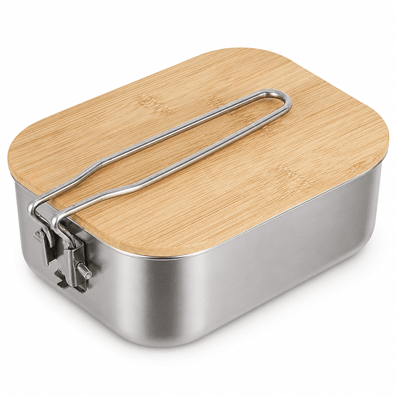 ABPETE Stainless Steel Camping Cookware Pot with Bamboo Chopping Board, Camping Mess Tin with Foldable Handle and Lid, Applicable for Camping Hiking BackPacking (30oz)