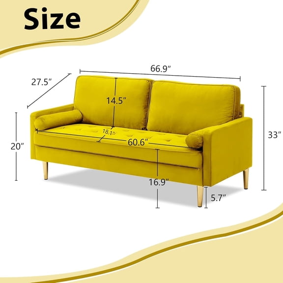 Mid Century Modern Velvet Loveseat Sofa, Stylish 2-Seater Comfy Couch for Small Apartments (Yellow, 66.9 Inch)