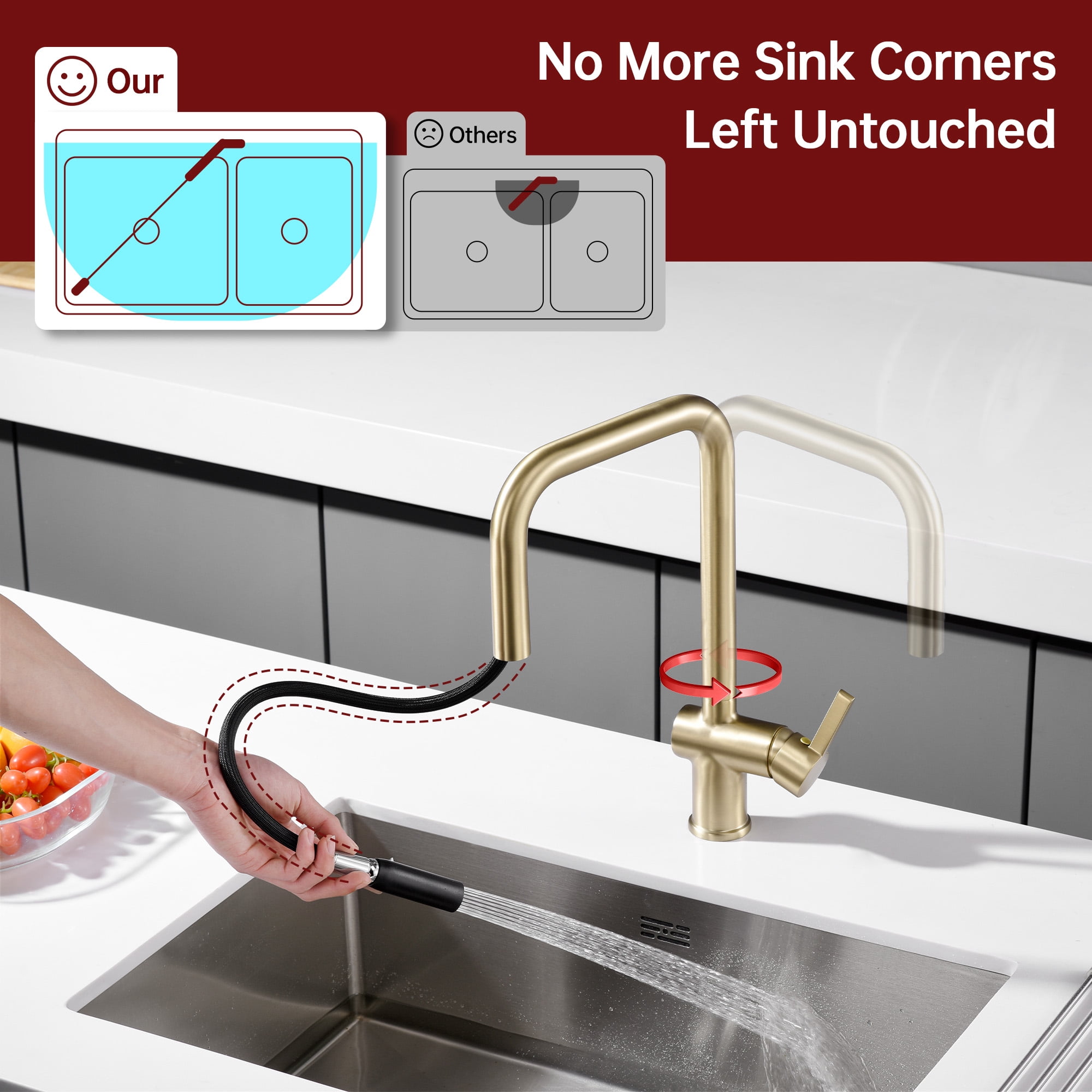SUMERAIN Brushed Gold Kitchen Faucet with Sprayer, Stainless Steel Pull Down Kitchen Sink Faucet Lead Free