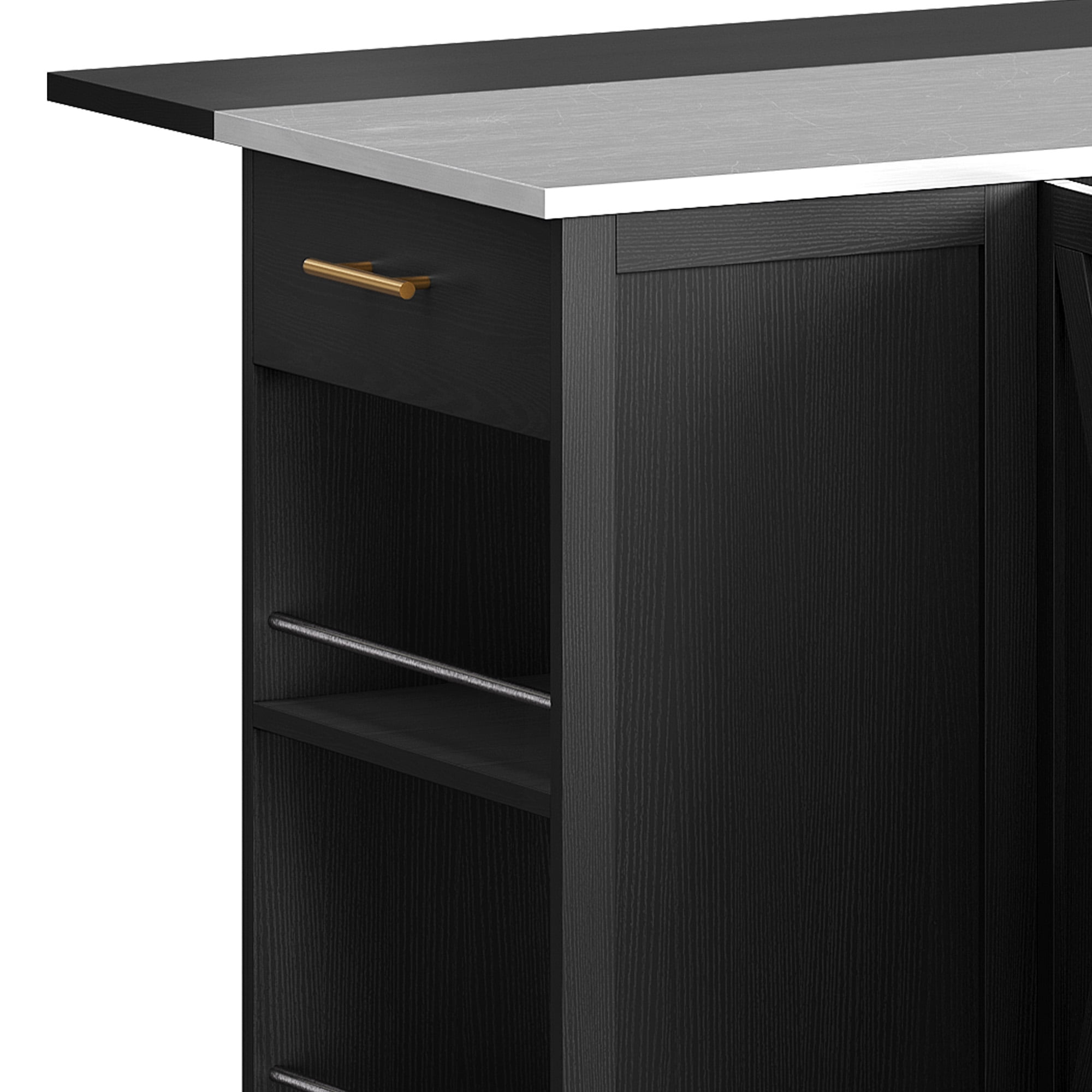 Craftian Kitchen Island with Drop Leaf & Trash Storage, Kitchen Island Table with Stools, Black