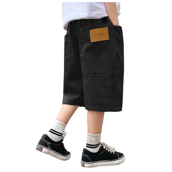 Zanarzt Baby Shorts Boy's Baggy Jeans Shorts Casual High Waist Wide Leg Loose Denim Shorts Bottoms Knee Length Black,5-6 Years