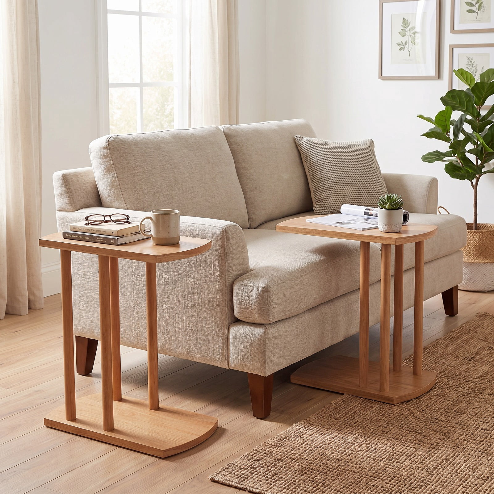 Furnibear Narrow 2 Tier C Shaped Teak Wood Side Table with Thickened Top and Sturdy Base for Sofa Couch Bed and Small Living Room, Natural