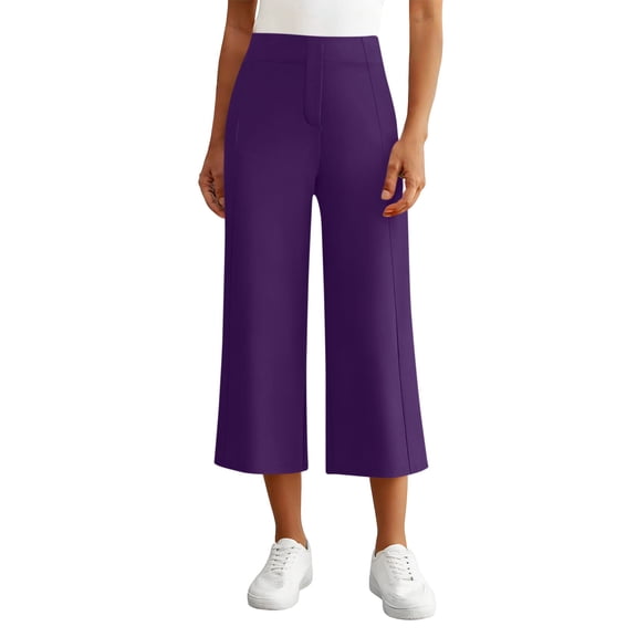 Costeam Womens High Waist Wide Leg Cropped Pants with Pockets Straight Fit Solid Color Office Casual Capri Trousers