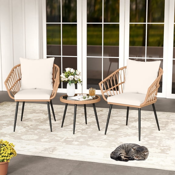 Costway 3PCS Patio Bistro Set with Soft Cushions, Tempered Glass Coffee Table & Metal Frame