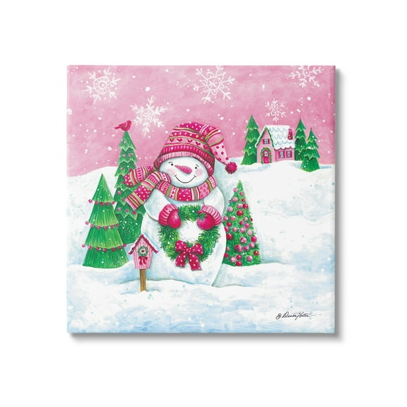 Stupell Industries Scenic Winter Snowman Holiday Painting Gallery Wrapped Canvas Art Print Wall Art, 17 x 17