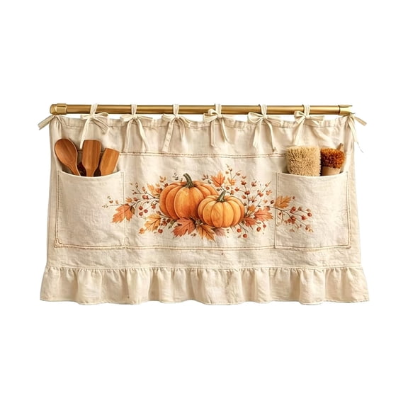 Fall Pumpkin Halloween Print Oven Skirt Curtain Appliance Cover With Pockets Ribbon Tie Ruffled Trim Kitchen Storage Drape