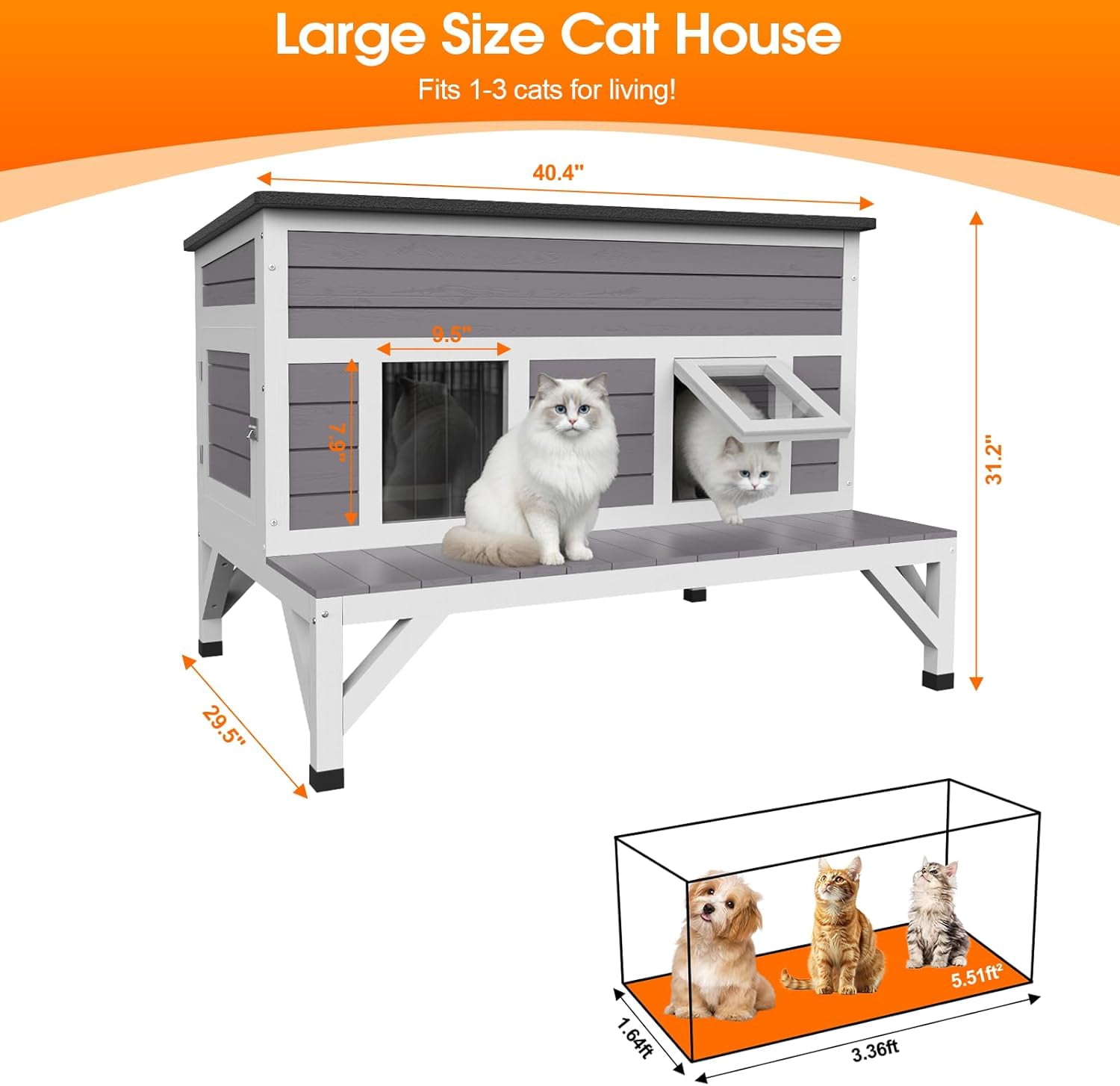HomeSheek 40.4" Large Wooden Cat House, Weatherproof Shelter with Platform, Easy Cleaning Safe Indoor/Outdoor Home(with Elevated Base)