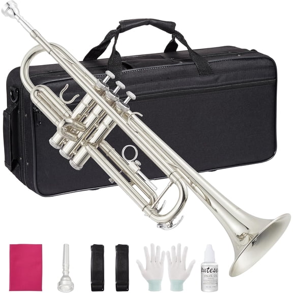 Senfot B-Flat Trumpet, Gold Nickel-Plated Brass with Hard Case, Gloves & Cleaning Kit, 3-Valve for Beginners