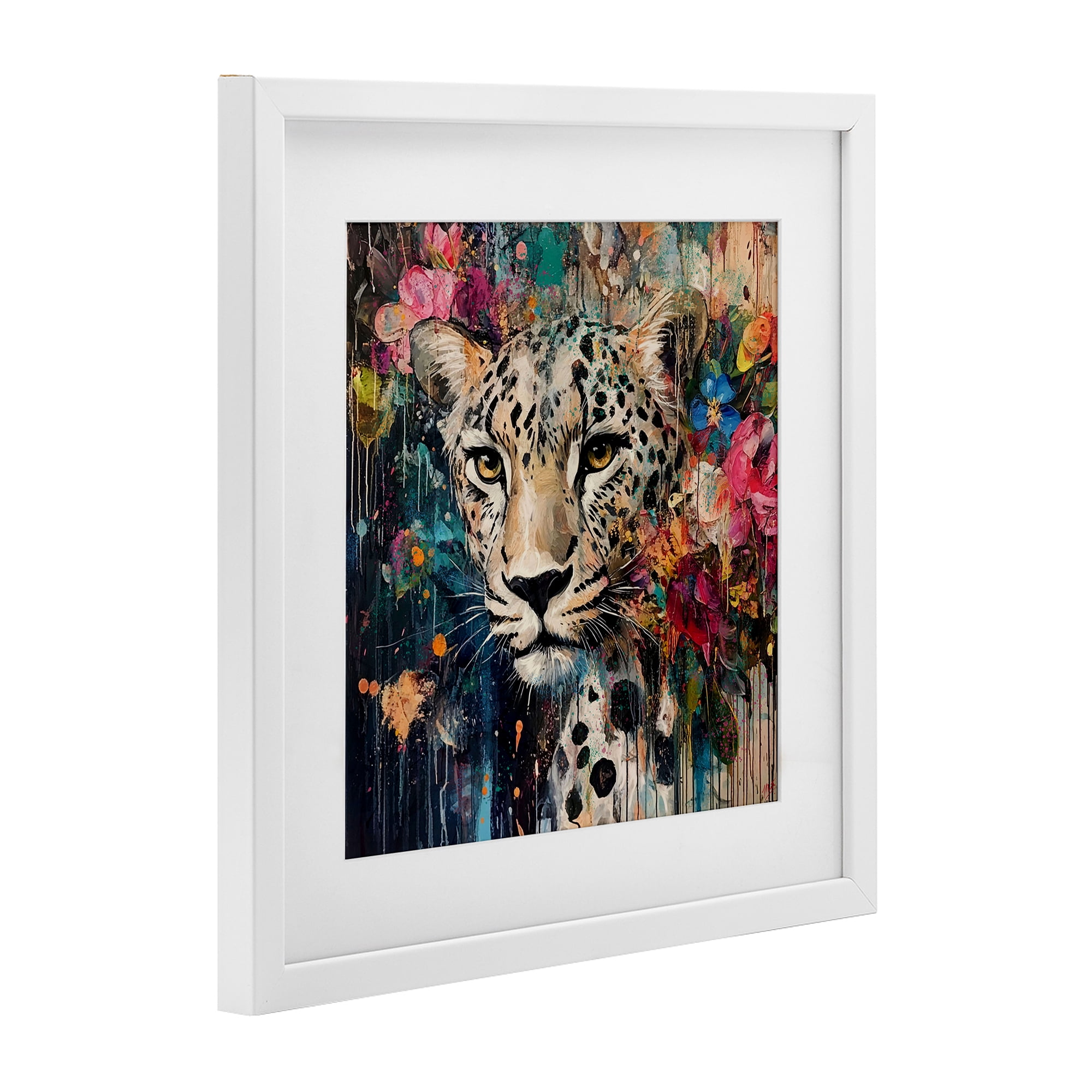 Stupell Industries Cheetah & Exotic Blooms White Framed Print Under Glass, design by Marta Wiley