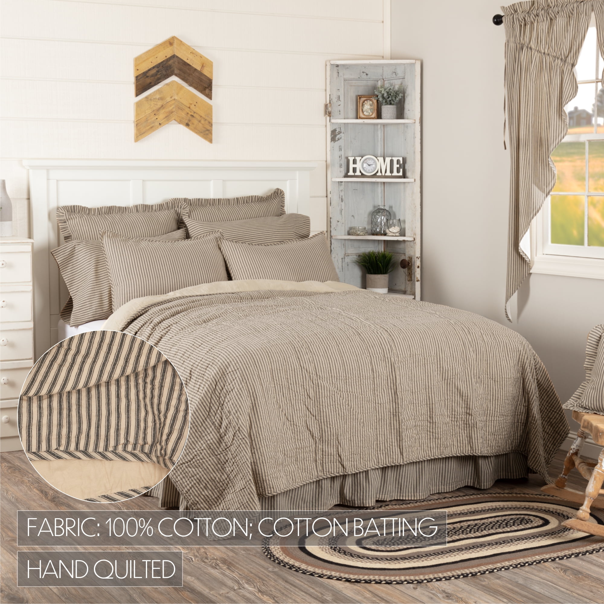 VHC Brands-1PK Sawyer Mill Charcoal Ticking Stripe Quilt Coverlet VHC Brands - Twin
