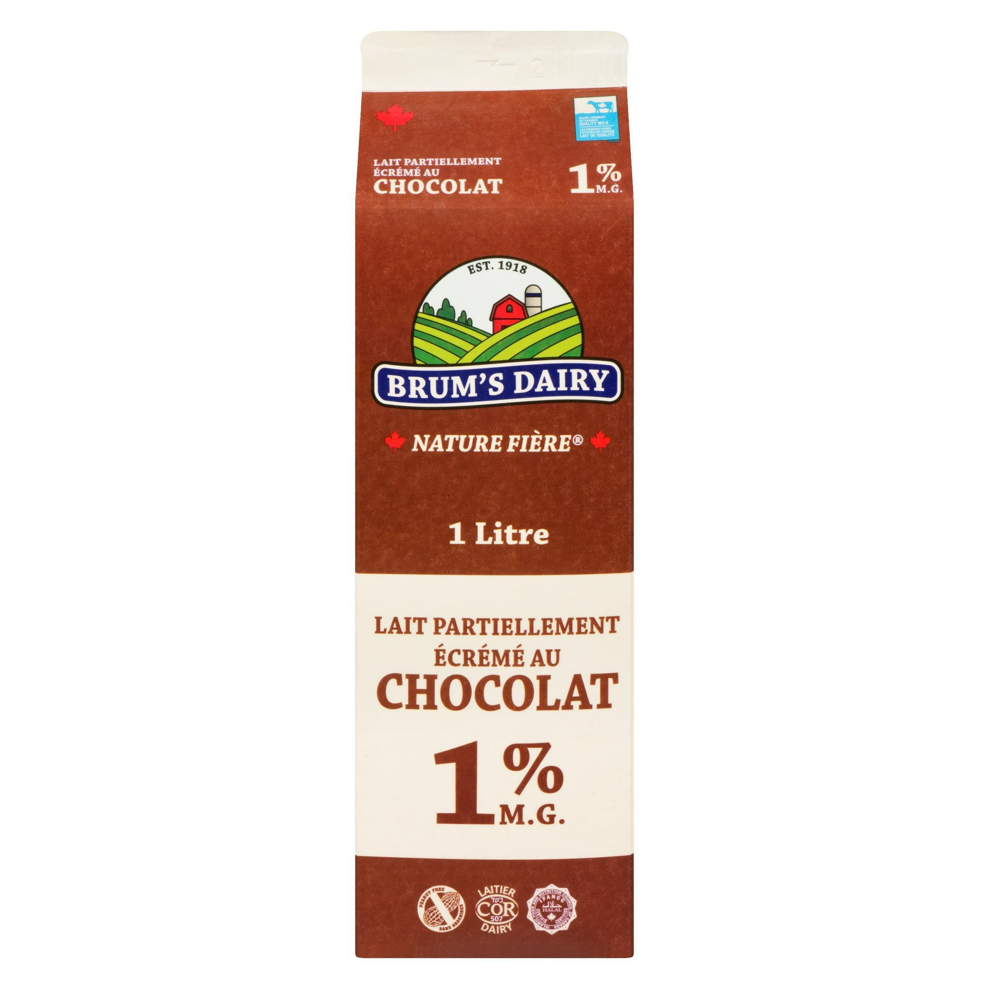 Brum's 1% M.F Chocolate, Partly Skimmed Milk.