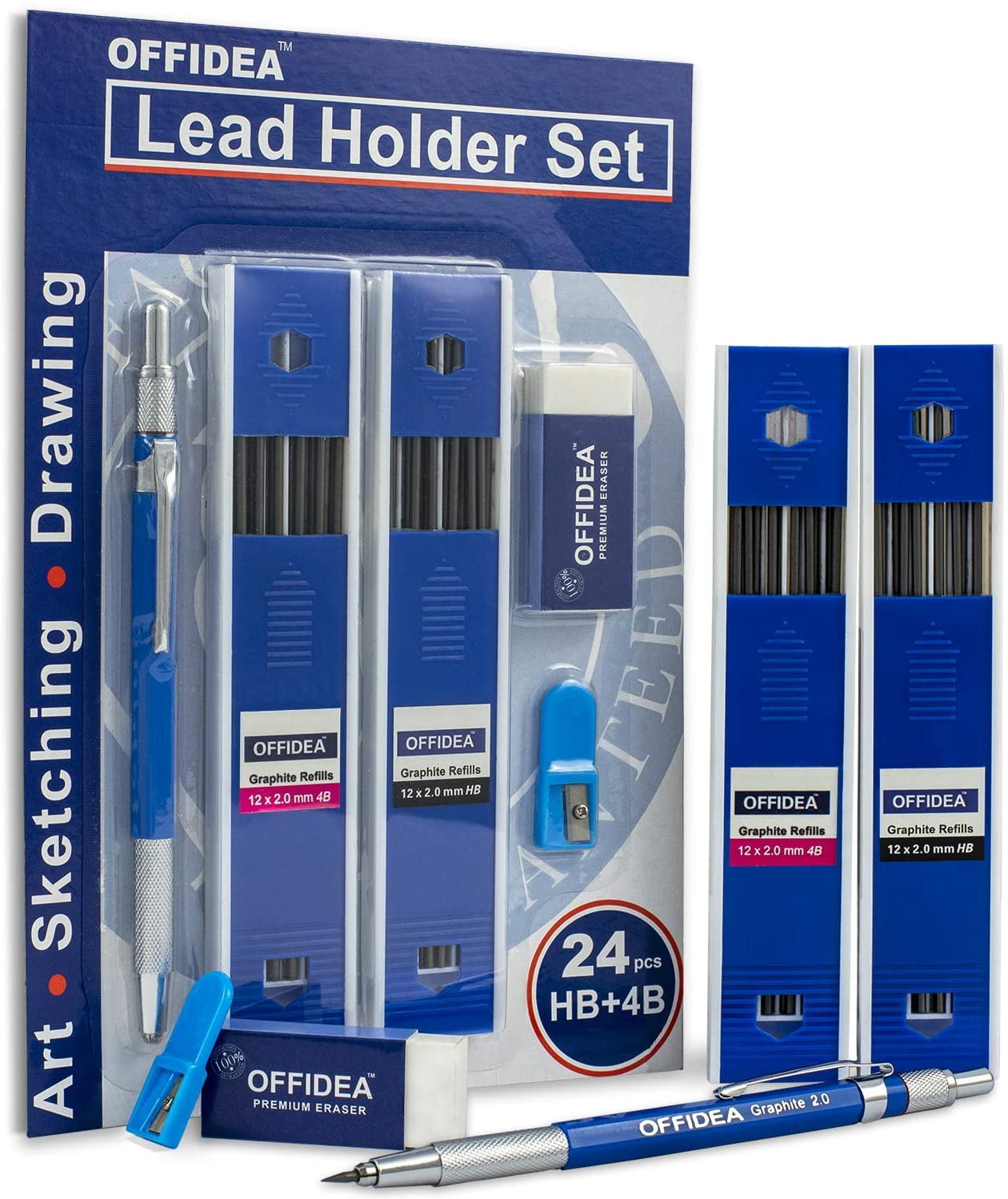 Offidea 2mm Lead Holder Set Professional Mechanical Drafting Pencil 12xHB and 12x4B Lead
