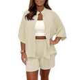 thumbnail image 4 of Shorts Sets Women 2 Piece Outfits Solid Short Sleeve Lapel Shirt Casual High Waist Shorts Tracksuit Summer Outfits For Women Beige L, 4 of 5