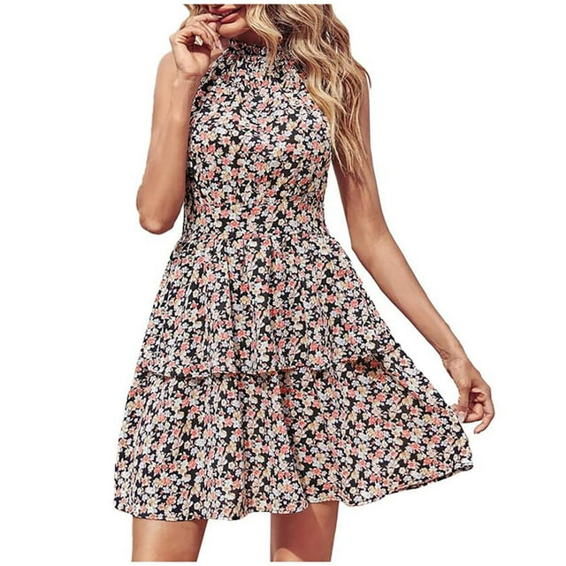 Summer Dresses for Women 2022 Halter Neck Off Shoulder Sleeveless Backless Floral Printing Ruffle A-Line Dress