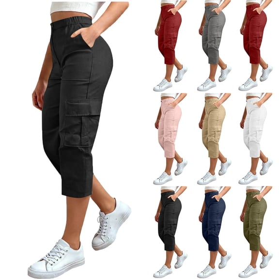 Purcolt Cargo Pants Women Elastic Lightweight Quick Dry Hiking Pants Summer Casual Travel Capri Pants with Pockets