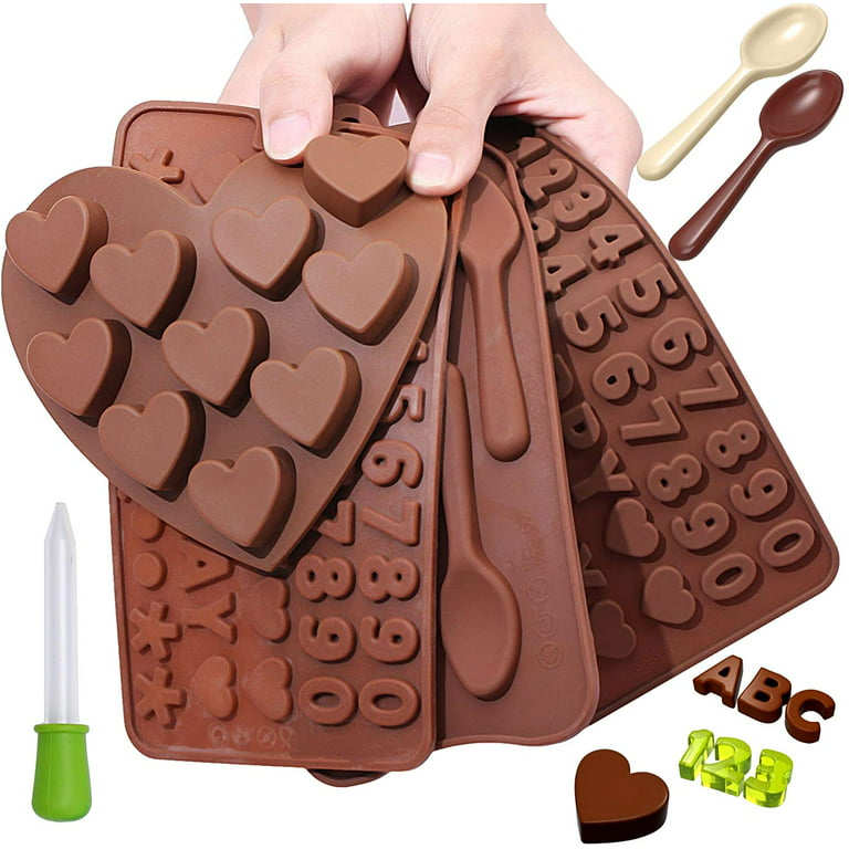 Chocolate Candy Silicone Mold Trays + Recipes eBook - Nonstick, BPA-Free -  Make Chocolate Shapes, Gummy Candies, Hard Candy and Ice (ABC's, Numbers,  Spoons and Hearts - 4 Trays) 