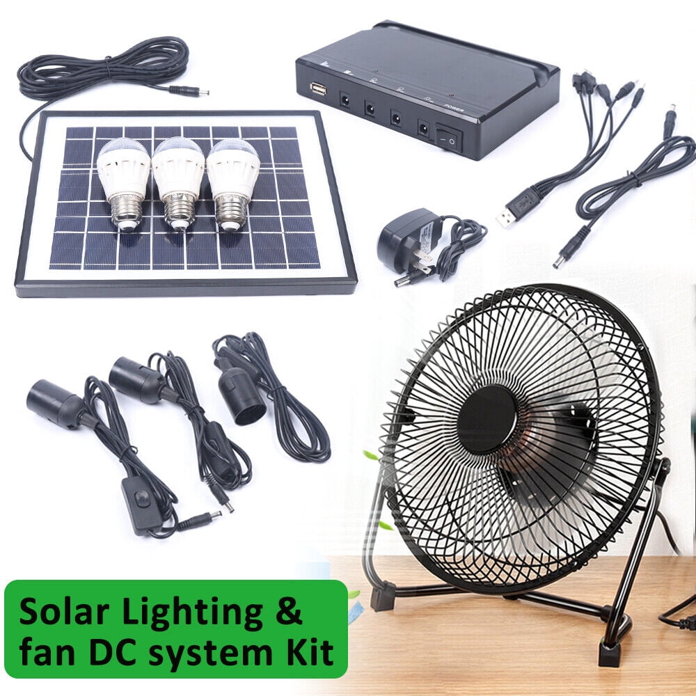 Solar Power Panel Kit and Fan & LED Light,USB Charging,for Home Outdoor Camping Portable Solar Lighting System Kit W/ 3 Led Lights,8'' Fan,Solar Panel & Battery