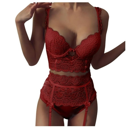 

EHTMSAK Sexy Eyelash Pajamas Lingerie Set for Women Lace with Garter 3 Piece Bra and Panty Set Strappy Babydoll Bodysuit Red XL