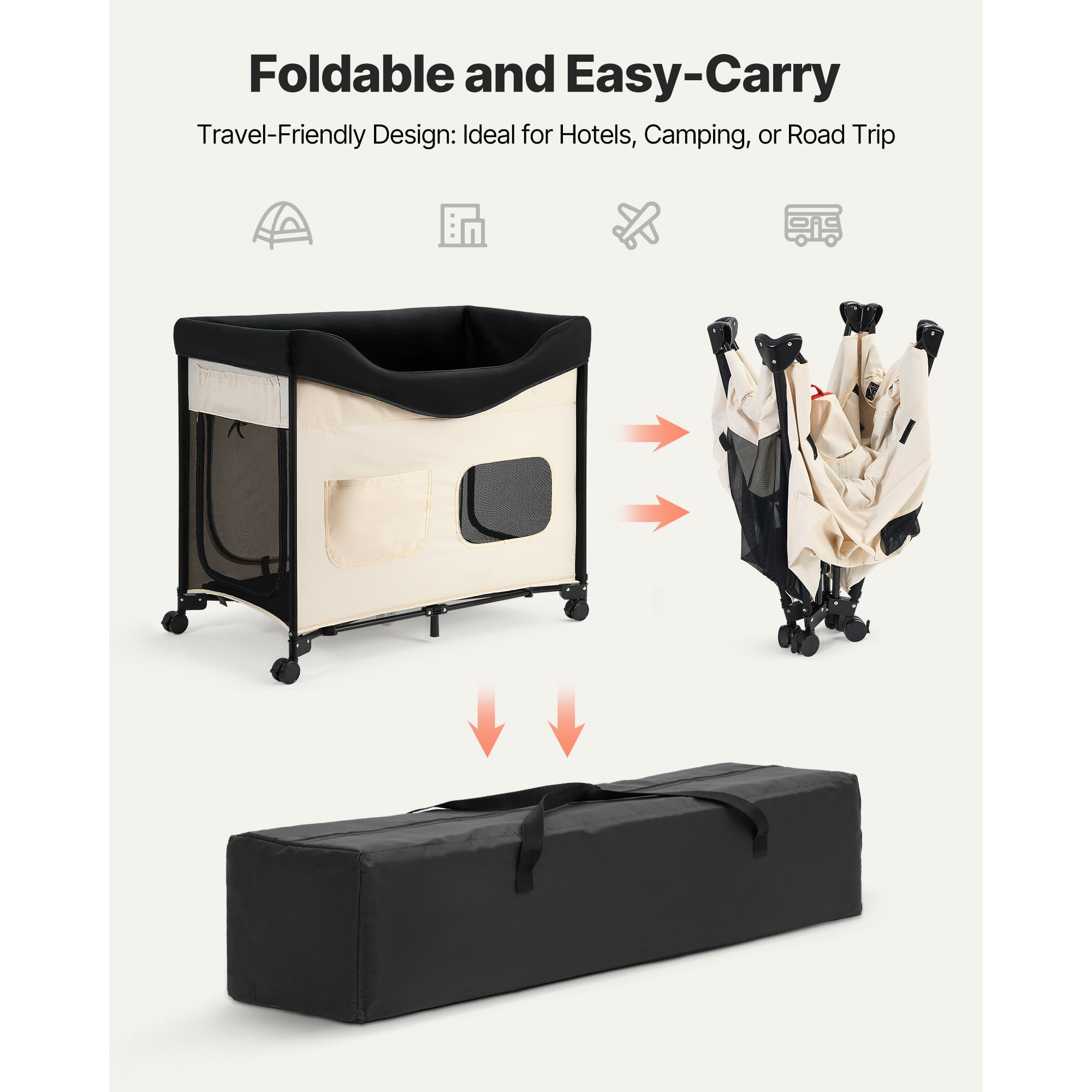 KFFKFF Double-Layer Pet Bed with Wheels, Foldable Dog Bed with Durable Oxford Cloth, Soft Velvet, Side Storage Pockets, and Storage Bag,40" X 23"