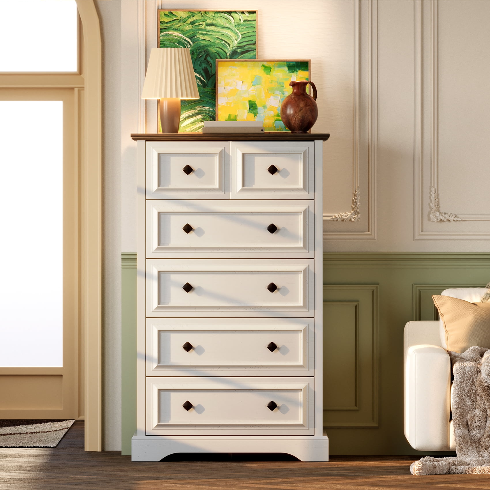 VVFLU Farmhouse 6 Drawer Dresser, Dressers Chest of Drawer for Bedroom Organizer Storage, 48 Inch Tall Dresser, Wood Dressers Storage Cabinet for Living Room, Entryway, Hallway,Walnut