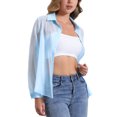 thumbnail image 4 of CAMISA MESH TRANSPARENTE DE PUNTA CON CUELLO PARA MUJER INSPIRADA CHIC DE MANGA LARGA Y BOTONES TAMAÑO XL AZUL CLARO, 4 of 6